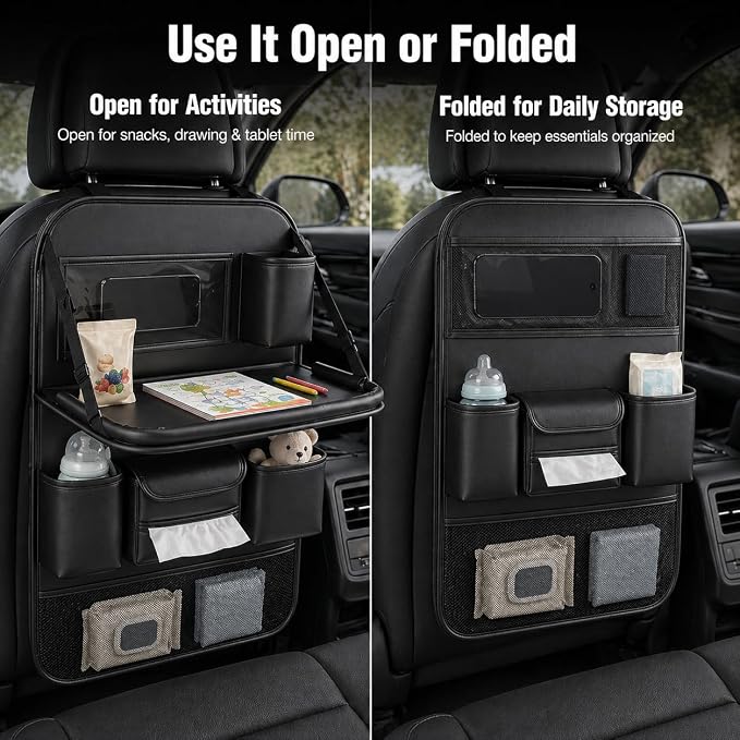 Backseat Car Organizer with Tray, PU Leather Back Seat Organizer, Foldable Seat Back Storage with Tissue Holder, Cup Holders for Family Road Trips, Black, 1 Pack