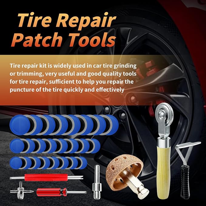 53Pcs Tire Patch Kit Heavy Duty, Tire Repair Tools 42 mm Tungsten Steel Buffing Wheel with 32/42/58mm Tire Patches, Inner Liner Scraper, Tire Patch Roller for Car Motorcycle Bike tractors Grinding