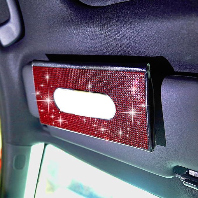 Bling Car Sun Visor Tissue Box Holder, Leather Automotive Napkin Box Holder Organizer with Crystal Rhinestone, Sparkling Vehicles Sun Visor Paper Towel Cover Case, Universal Fit (Red)
