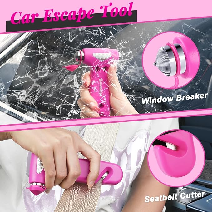 SINSEN Car Safety Hammer, Automotive Window Breaker and Seatbelt Cutter for Women, Roadside Emergency Kit, 3 in 1 Escape Tools, Road Trip Essential and Must Haves (2, Pink)