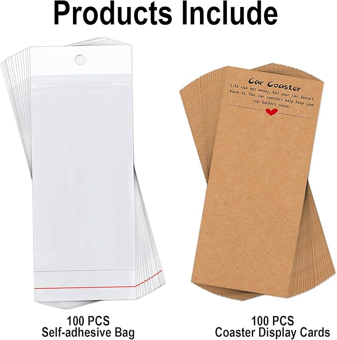 100PCS Car Coasters Packaging for Selling, Sublimation Blanks Car Coaster | Sublimation Display Card Set with Bags and Brown Cards 6.8 x 2.9 Inch,Heat Press Machines Accessories (Brown)