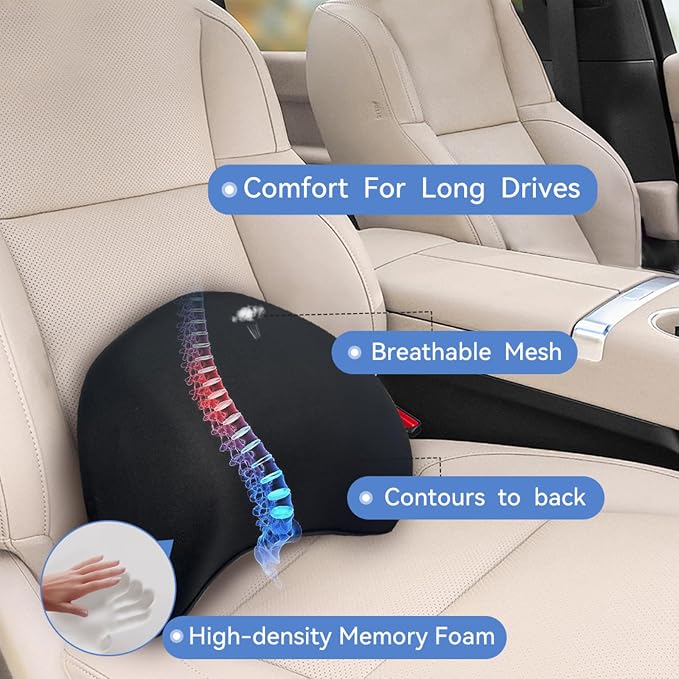 Really Supportive Lumbar Support Pillow for Car, Back Support Lumbar Pillow | 100% Memory Foam - Breathable Removable Cover, Ergonomic Design - Improve Sitting Posture & Back Pain Relief(Black, 1PC)