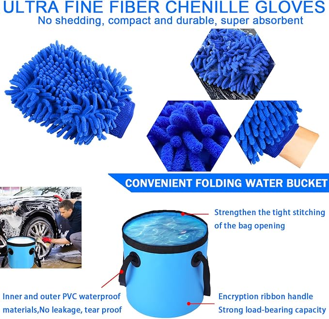 Car Wash Kit with Foam Gun, Bucket and Cleaning Tool, Car Washing Kit | Carwash Supply High-Pressure Foam Spray Wash Mitt Tire Brush Sponge Towels Brush Car Cleaning Kit for Interior and Exterior
