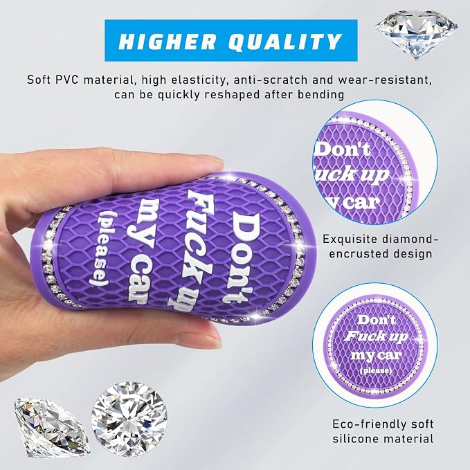 4 PCS Bling Car Cup Coaster, 2.75 Inch Anti-Slip Cup Holder Insert Coasters, Universal Crystal Rhinestone Auto Drink Car Cup Mat, Interior Car Accessories for Women Girls (Purple)