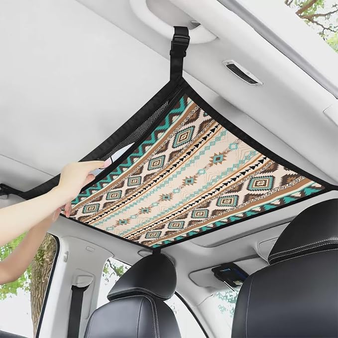 Dreaweet Aztec Print Car Ceiling Cargo Net for SUV Cargo Net Organizer Southwestern Native American Car Roof Storage Net for Truck Mini Van Car Camping Accessories Ceiling Storage Net with Zipper