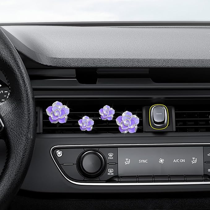 Osilly Bling Car Air Vent Clips, 4PCS/2Set Flower Rhinestone Vehicle Air Outlet Clamp, Sparkly Diamond Automotive Interior Vent Clip Charm Decor Accessories, Universal for SUV Truck RV (Purple)