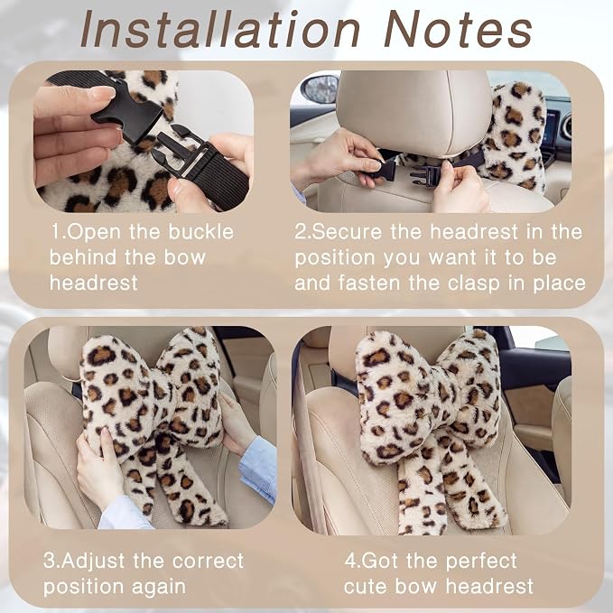 Macarrie 2 Pcs Car Neck Pillow Plush Butterfly Bow Car Headrest Pillow Comfortable Seat Neck Support Cute Head Rest Accessories for Driving Travel Driver Chair Girl Interior Decor(Gray,Leopard)