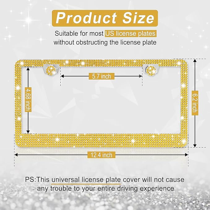 Amiss Bling License Plate Frame for Women, 1Pack Rhinestone Handcrafted Crystal Premium Stainless Steel, Stainless Steel Car Decorative Accessories with Diamond Sparkle Glitter Caps (Gold)