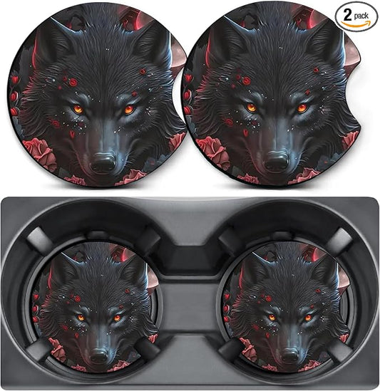 2 Pack Rose Black Wolf Car Coasters Cup Holders,Neoprene Anti Slip Mat | 2.75" Universal Size,Auto Rubber Drink Coasters Decor Car Accessories Interior Rose Black Wolf Gifts for Women Men