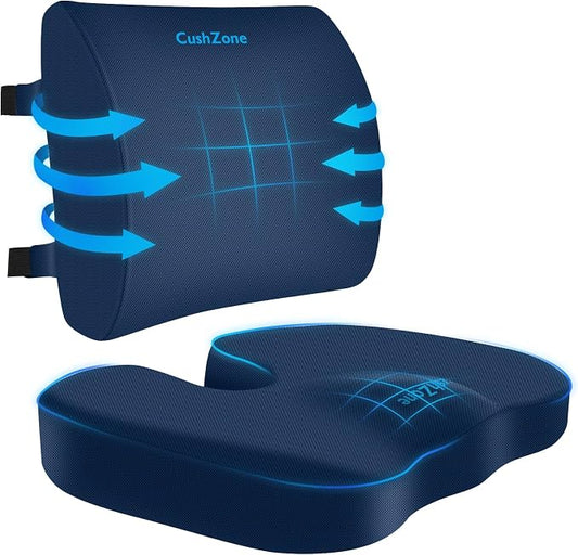 CushZone Seat Cushion, Lumbar Support Pillow with Adjustable Strap-Chair Cushions for Sciatica Pain Relief-with Washable Cover Memory Foam for Car, Travel and Wheelchair-Blue X-Large