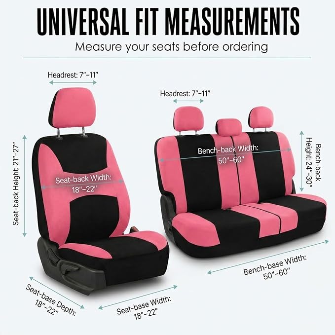 FH Group Full Set Cloth Car Seat Covers, Universal Fit combo, Low Back Front Seat Covers, Airbag Compatible, Split Bench Rear Seat, Washable Seat Cover for SUV, Sedan, Van, Pink