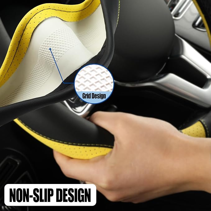 Black Yellow Microfiber Leather Steering Wheel Cover 14 inch | Breathable Anti Slip Grip Cool Sporty Look Glow for Women Men