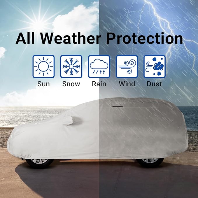 iCarCover Premium Plus SUV Car Cover Waterproof All Weather Rain Snow UV Sun Protection, VW ID.4, XT4, Corsair, Ariya, CR-V, Forester, Q4, 4Runner, Size S51 (See Size Chart) Stripe - Light Gray/Black