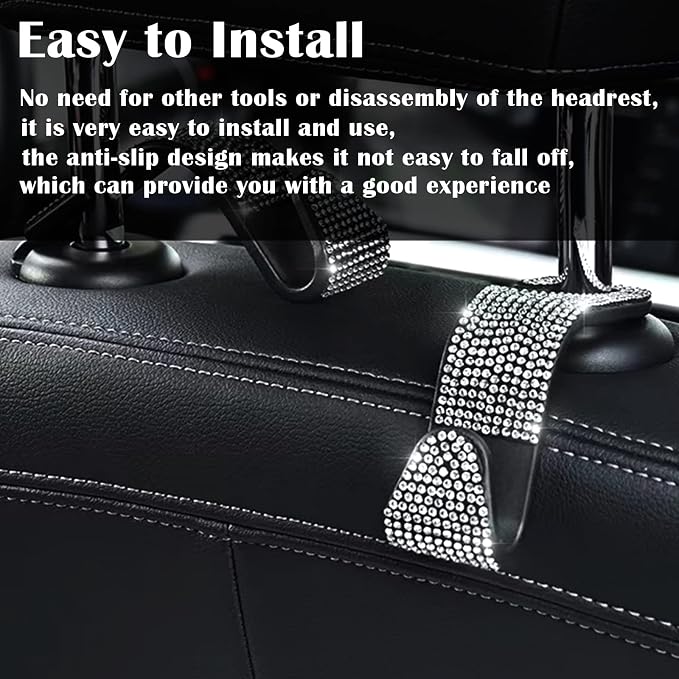 OSIFIT 2PCS Car Seat Hooks, Bling Rhinestone Headrest Hooks, Universal Bling Car Interior Accessories, for Handbag, Clothes, Purse, Water Bottle (White)