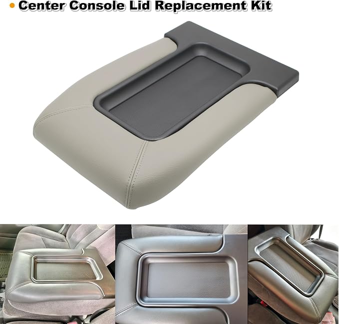 NHILES Center Console Lid Compatible with 1999-2007 Silverado Sierra | Fits 1999-2007 Avalanche Suburban Yukon Tahoe, Replaces OEM 19127364 19127365 19127366, Leather Cover, Light Gray