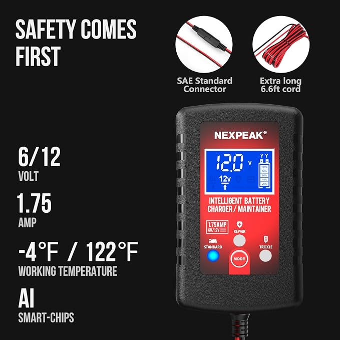 4-Pack 1.75A Car Battery Charger, 6V &12V Smart Battery Trickle Charger | Fully automatic 6V/12V Battery Charger, LCD screen monitors real-time status, Multi-protection for cars, boats, motorcycles