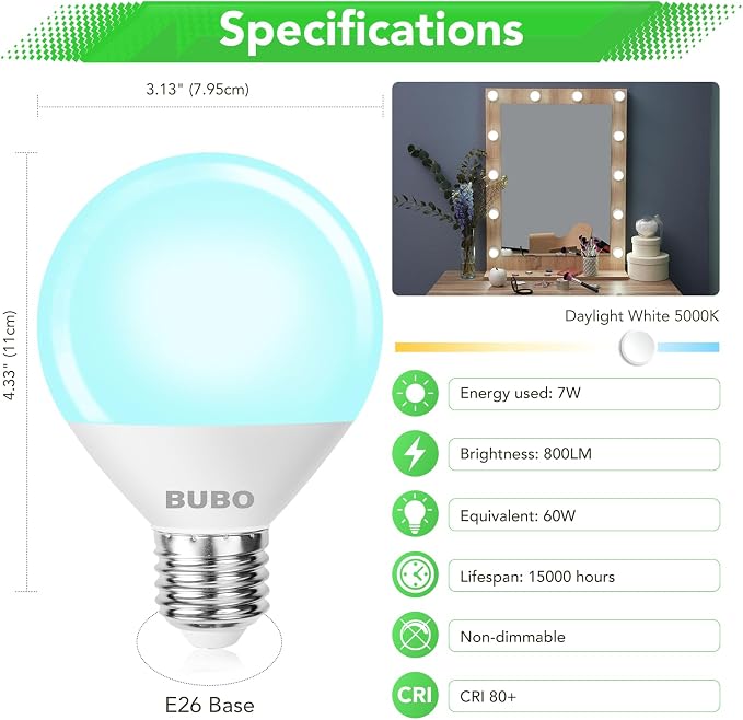 BUBO Vanity Light Bulbs 60 Watt Equivalent, Bathroom Light Bulbs Daylight White 5000K, Round Light Bulb, G25 LED Bulbs 800 Lumens, E26 Medium Base, 7W, Non-Dimmable, 6 Pack