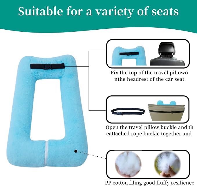 FHSGGP Travel Pillow Upgraded Version of Aircraft Travel Neck Pillow | with Storage Bag, Sleep Pillows for Travel by Train, Car, or Plane, Supporting The Head and Body, Travel Pillow for Kids Blue