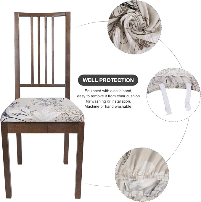 SearchI Seat Covers for Dining Room Chairs Stretch Printed Chair Seat Covers Set of 6, Removable Washable Upholstered Chair Seat Protector Slipcovers for Kitchen, Office(Modern Abstract Floral)
