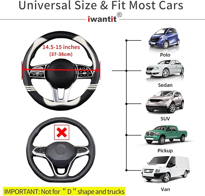 Iwantit® Cute Steering Wheel Cover for Women, Pu Leather with Anti-Slip Rubber Ring, Steering Wheel Protector for Men, Universal Fit 14.5-15 inches for Cars,SUV (Pearl White)