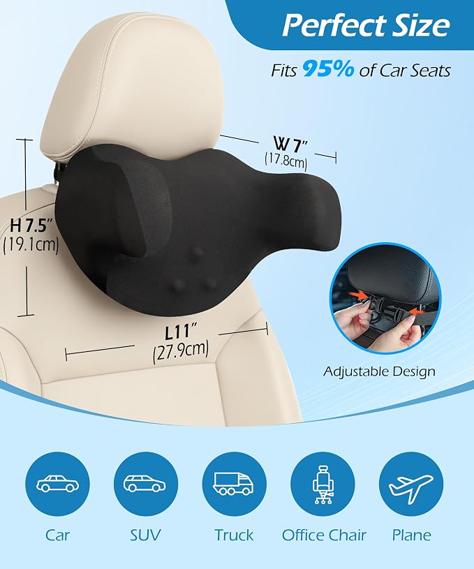 Lofty Aim 2 Pack Car Neck Pillow, Car Headrest Pillow | Ergonomic Memory Foam Headrest Pillow for Driving, Adjustable Neck Support Cushion, Head Rest Pillows for Car Seat, Black