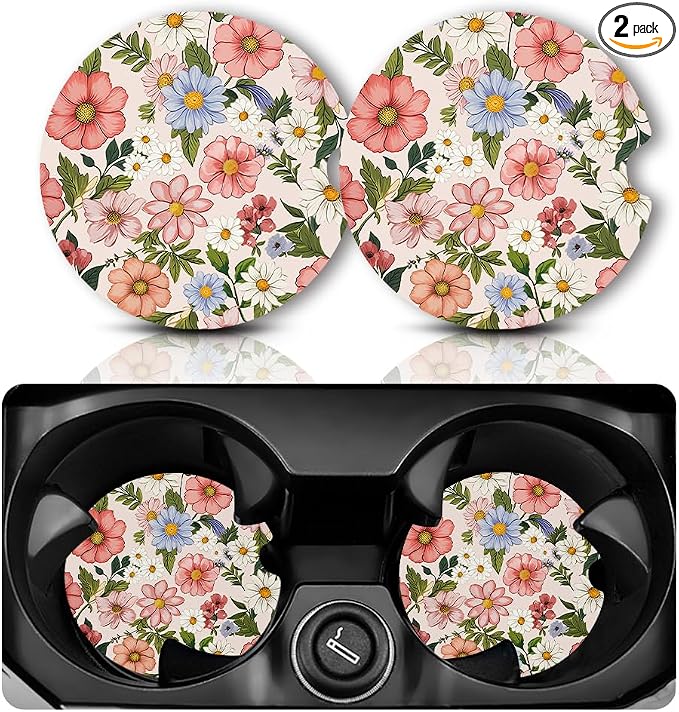 Yonlevres Car Coasters for Cup Holders，2.75" Universal Size Anti Slip Rubber Mat with A Finger Notch, 2 Pack Cup Holder Coasters for Car Interior Accessories for Women Men Flower