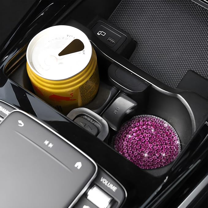 Bling Car Cup Holder Coaster, 2PCS 2.75 Inch Crystal Rhinestone Anti Slip Vehicle Drink Cup Mat for Women Girls, Auto Interior Embedded in Ornaments. Universal for SUV RV Truck (Dark Pink)
