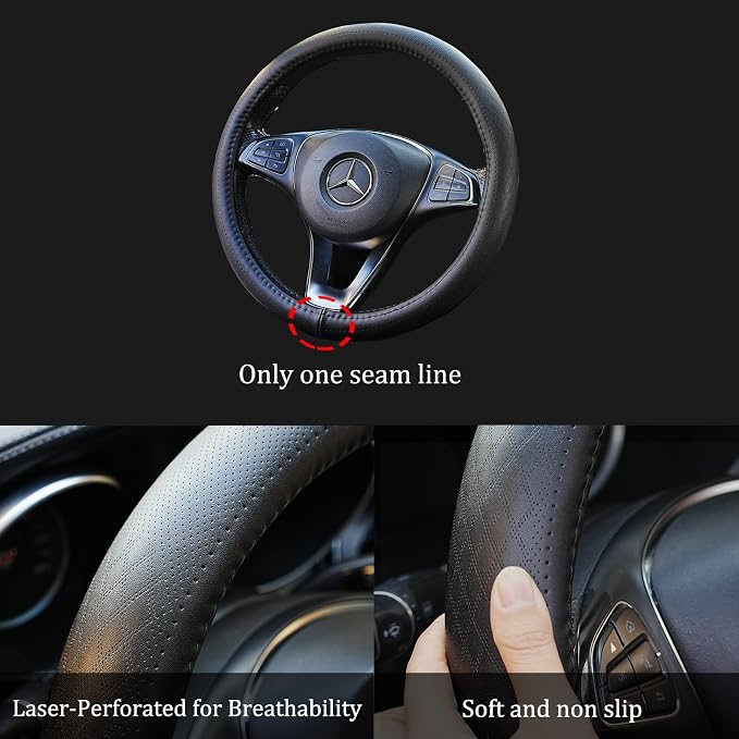 Black Genuine Leather Car Steering Wheel Cover Men Women,Cowhide Wheel Cover,Soft,Breathable,Anti-Slip,Luxury Steering Wheel Cover,Large Size 15.5-16 inch(L)