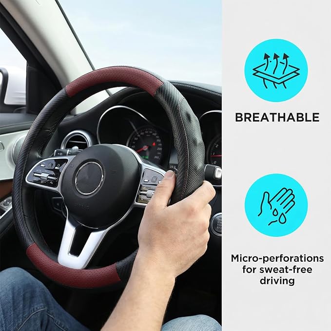 Car Steering Wheel Cover, Breathable Carbon Fiber Vehicle Steering Wheel Protector with Anti-Slip Lining, Automotive Interior Accessories, Universal for SUV RV Truck (Black Wine Red)
