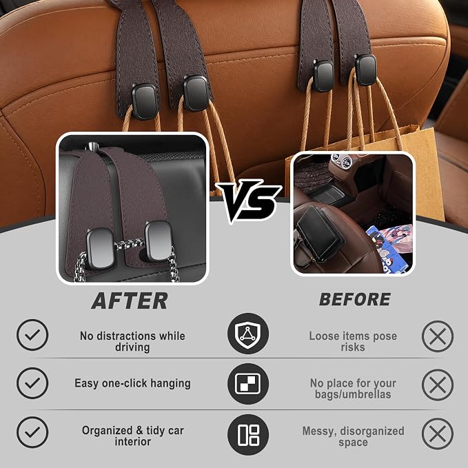 Headrest Hooks for Car 2 Pack, Upgraded Double Metal Hooks with Leather Cover, Car Seat Back Storage Organizer with Anti-Drop Design, for Purses, Handbags, Coats, Groceries (style3)