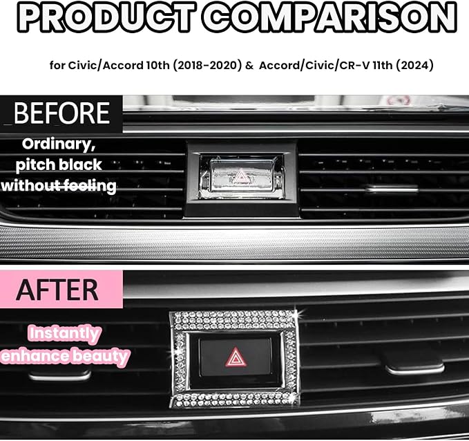 Bling Hazard Warning Button Cover Sticker Compatible with Honda 10th gen Honda Civic/Accord (2018-2022) Zinc Alloy Crystal Warning Light Decal