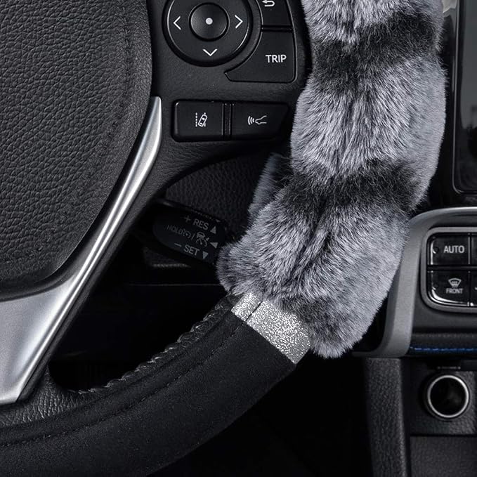 BDK Bear Fur Plush Steering Wheel Cover - Cute Faux Wool Protector for Women Girls Fits Wheels 14.5-15 inch Bear Fur - Black/Gray with Glitter