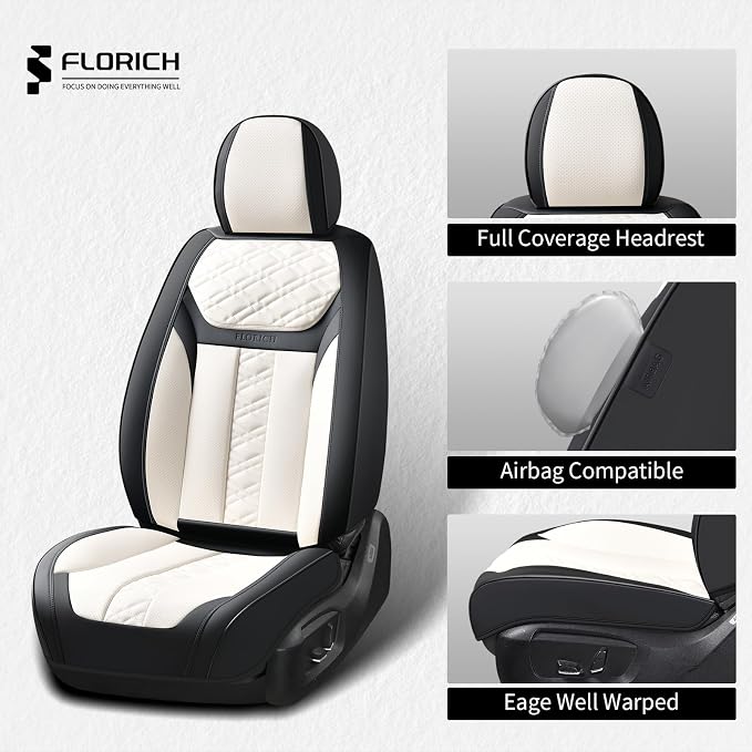 FLORICH Seat Covers, Front Seat Covers 2 PCs, Automotive Seat Cover for Cars, Luxury Leather Universal Seat Cover Accessories Fit for Most Cars SUV Truck Sedans(White)