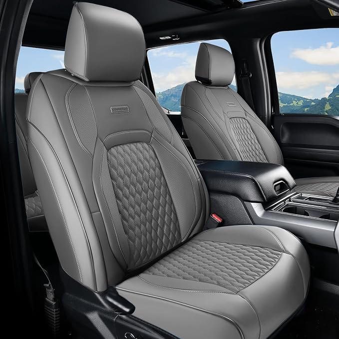 Coverado Chevy Chevrolet Silverado GMC Sierra Seat Covers, Custom Fit for 2007-2026 1500, 2015-2026 2500HD 3500HD Crew Double Extended Cab Truck, Faux Waterproof Leather Seat Covers (Front, Gray)