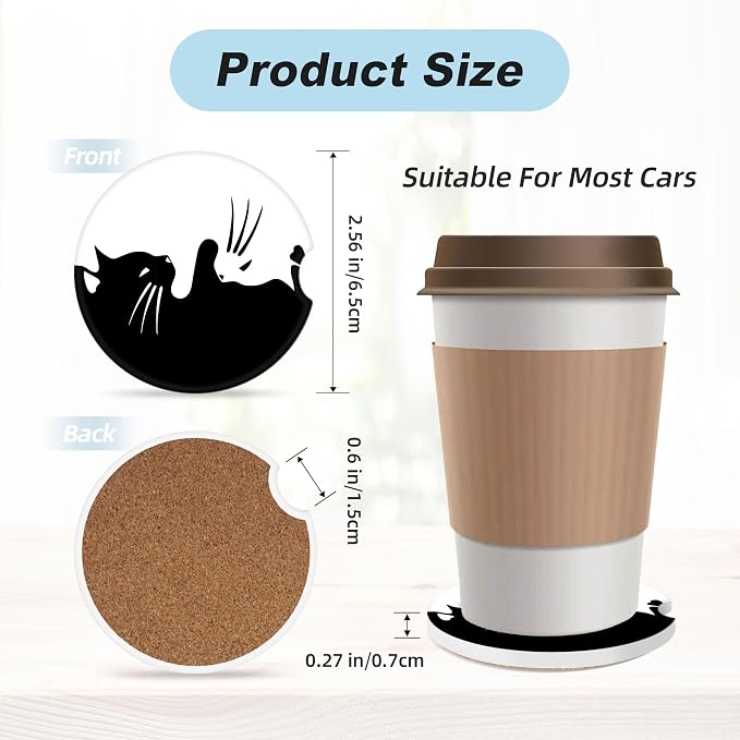 White and Black Cat Car Coasters for Cup Holders,2 Pack Car Cup Holder Coasters for Car,Ceramic Absorbent Car Coaster with A Finger Notch and Cork Base,Car Interior Accessories for Women Men
