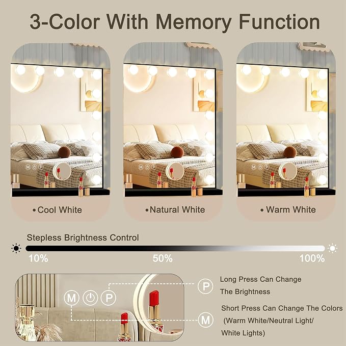 Ratsamee Black Hollywood Vanity Mirror with Lights, 18 Dimmable Bulbs, 3 Color Lights,Make Up Lighted Mirror, Aluminum Metal Frame, USB Charging Port（32" x 24"）