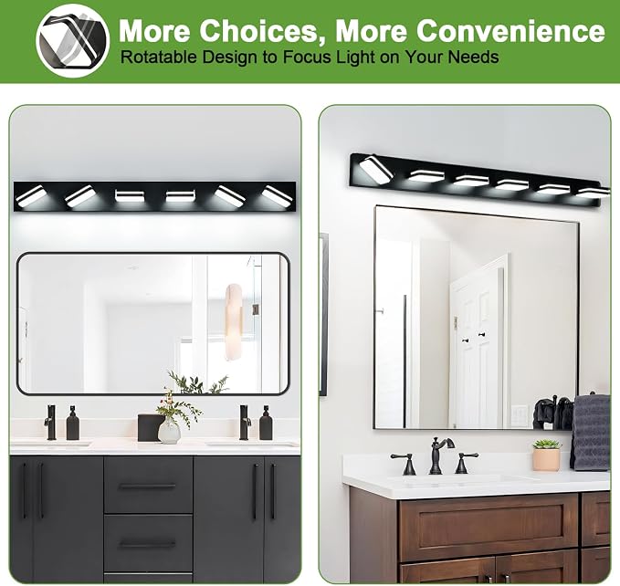 Torondo 360° Rotate LED Bathroom Vanity Light Fixtures, Acrylic Vanity Lights for Bathroom, Modern Wall Lighting Fixtures Over Mirror Living, Matte Black, Natural White, 6-Light, 39-Inch
