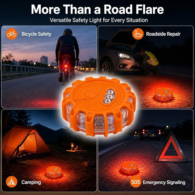 Huyumpxy LED Road Flares Emergency Lights, 9 Flashing Modes Roadside Safety Warning Light with Magnetic Base & Built-in Hook, Battery Powered Safety Beacon for Car, Truck, Motorcycle, Camping, 1 Pack