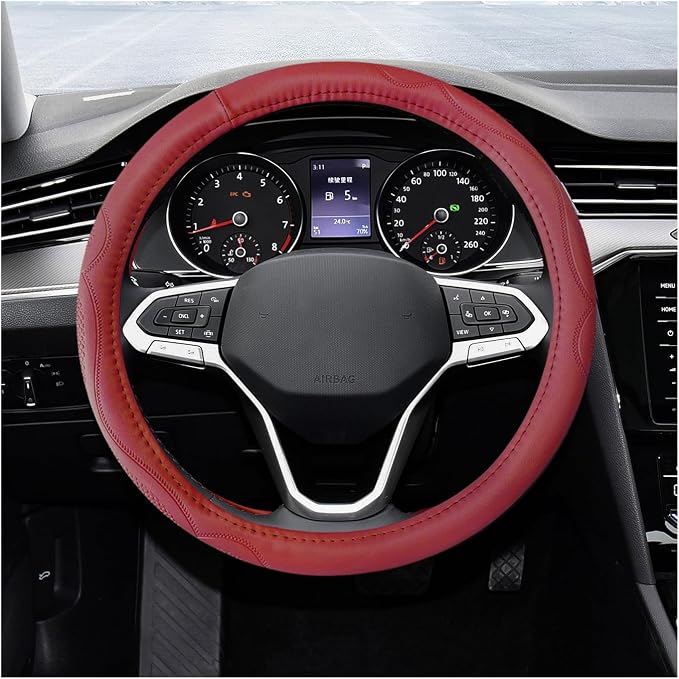 15 Inch Leather Steering Wheel Cover, Breathable Anti-Slip Steering Wheel Protector Cover, Elastic Soft Comfortable Universal Wheel Cover for Men and Women, Car Accessories (Wine Red)