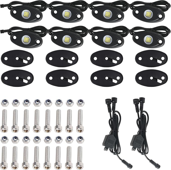24pods White Rock Lights kit Dc 12v-80v 6000k Aluminum Pure White Led Rock Lights with Switch Wiring Harness Kit Ip68 Waterproof for Trucks Pickup Offroad Car SUV Utv ATV Rv Fends Underglow Lights