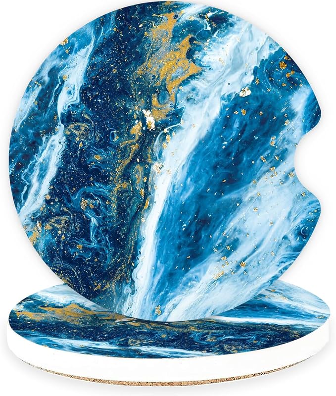 Ceramic Car Coasters – Absorbent Car Cup Holder Coaster Set for Women, Cute Aesthetic Car Accessories for Girls, 2 Pack (Sapphire Night)