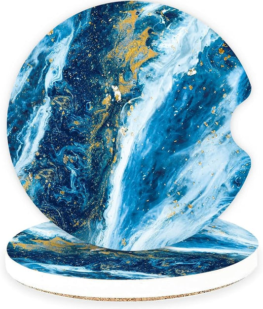 Ceramic Car Coasters – Absorbent Car Cup Holder Coaster Set for Women, Cute Aesthetic Car Accessories for Girls, 2 Pack (Sapphire Night)