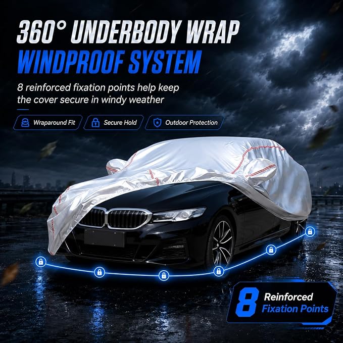 Waterproof All Weather Heavy Duty Vehicle Cover, 360° Underbody Wrap Windproof Design, Quick Install Outdoor Cover,（for BMW 5 Series 2007-2025）