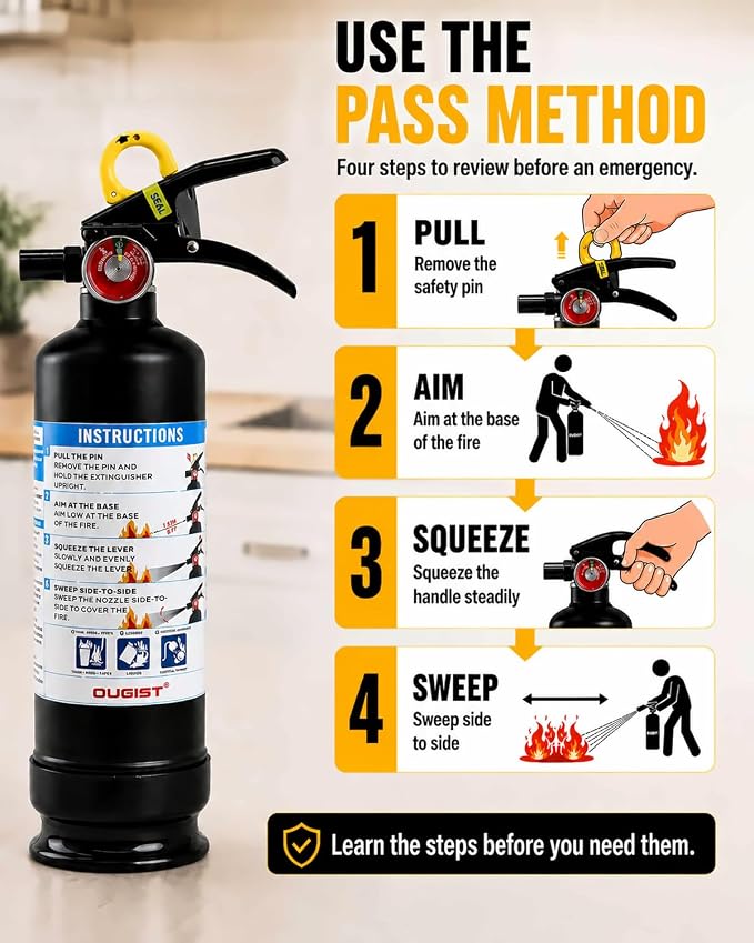 Ougist Car Fire Extinguisher, 1-A:10-B:C, FF1KG, 2.5lb Dry Chemical, 1 Pack | Automotive Multi-Purpose Extinguisher for Small Vehicle Fires In Cars, Trucks and Rvs; Compact Body with Quick-Release Handle