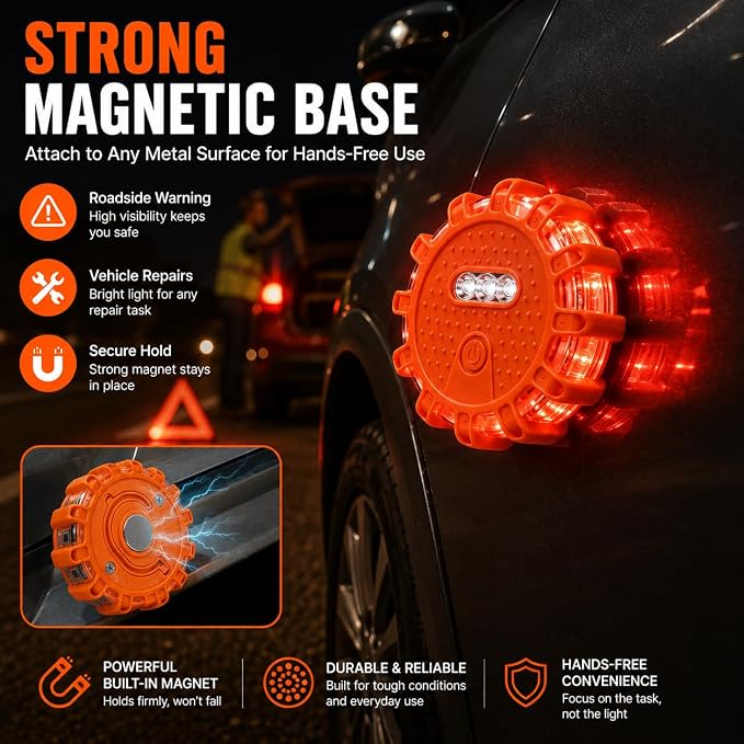 3 Pack LED Road Flares Emergency Lights, Magnetic Roadside Warning Lights with 9 Flash Modes, Hook, Carrying Case, Water Resistant Safety Beacon for Cars, Trucks, RVs, Boats