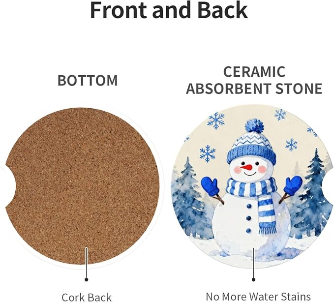 Snowman Snowflakes Winter 2 Pack Car Cup Holder Coasters Absorbent Ceramic Drink Coasters 2.56" Universal Anti Slip Cup Mat with Cork Base Finger Notch Auto Accessories Interior for Women Men