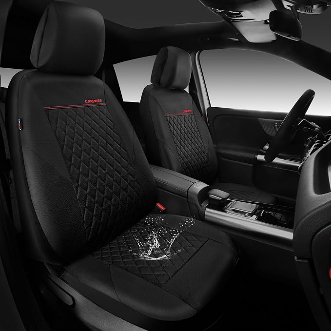 CAR PASS Quilting Faux Leather Seat Covers Full Set, Waterproof Deluxe Premium Seat Cover with 5mm Composite Sponge Inside, Airbag Compatible Auto Seat Cover Universal Fit for 95% Sedan SUV Van, Black