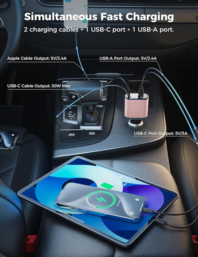 [Upgraded] SUPERONE Retractable Car Charger 4 in 1 Fast Car Phone Charger | USB C and Apple Multi Car Adapter with Cord 2.6ft, Compatible with iPhone 17 16 15/15 Pro Max/14/13/12/11, Galaxy, Pixel