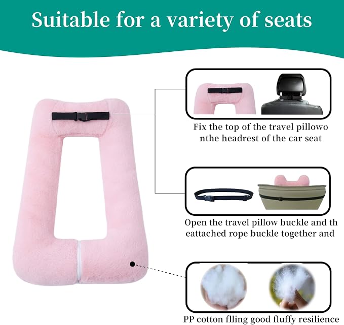 FHSGGP Travel Pillow Upgraded Version of Aircraft Travel Neck Pillow | With Storage bag, Sleep Pillows for Travel by Train, Car, or Plane, Supporting the Head and Body, Travel Pillow for Kids Pink