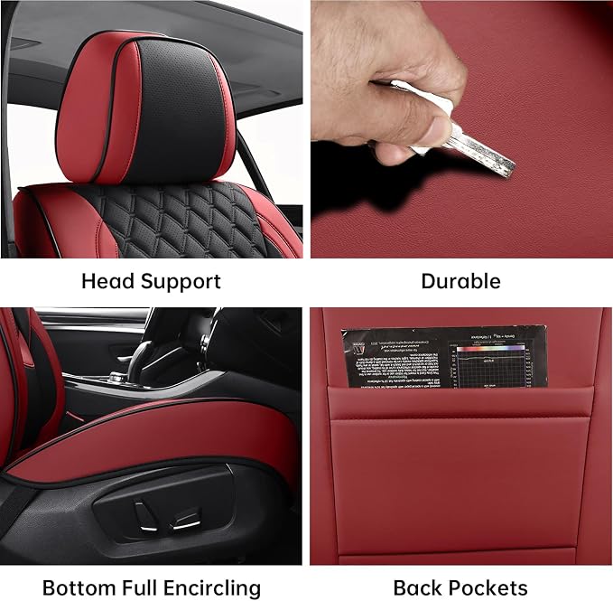 Car Seat Covers Full Set,5 Seat Leather Seat Covers for Cars,Front Seats and Back Seat Cover,Waterproof Car Seat Cushion Protectors,Universal Fit for Most Cars SUV Trucks(Black&Red, Full Set)